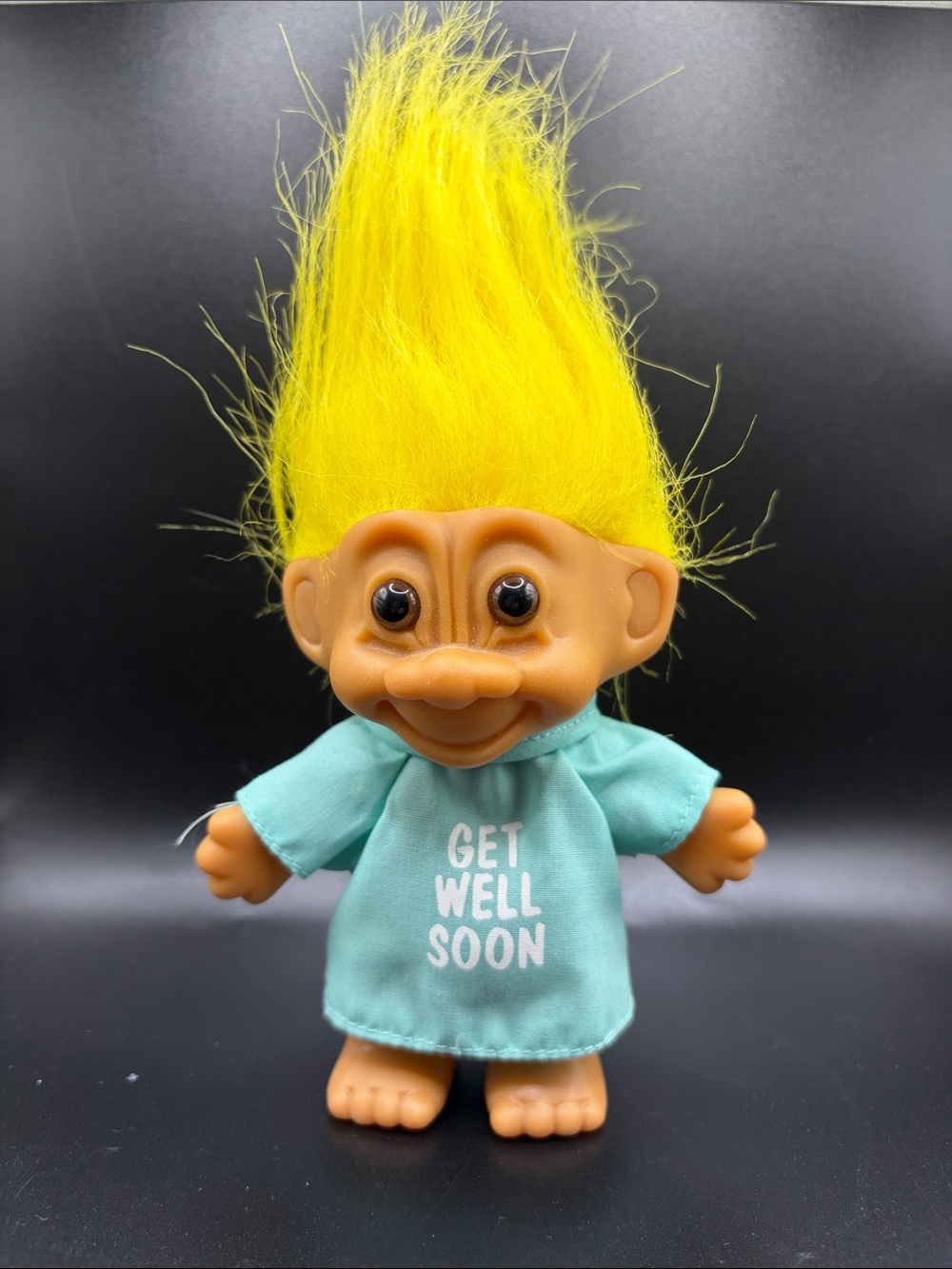 Troll doll by Russ. Get Well Soon hospital gown.